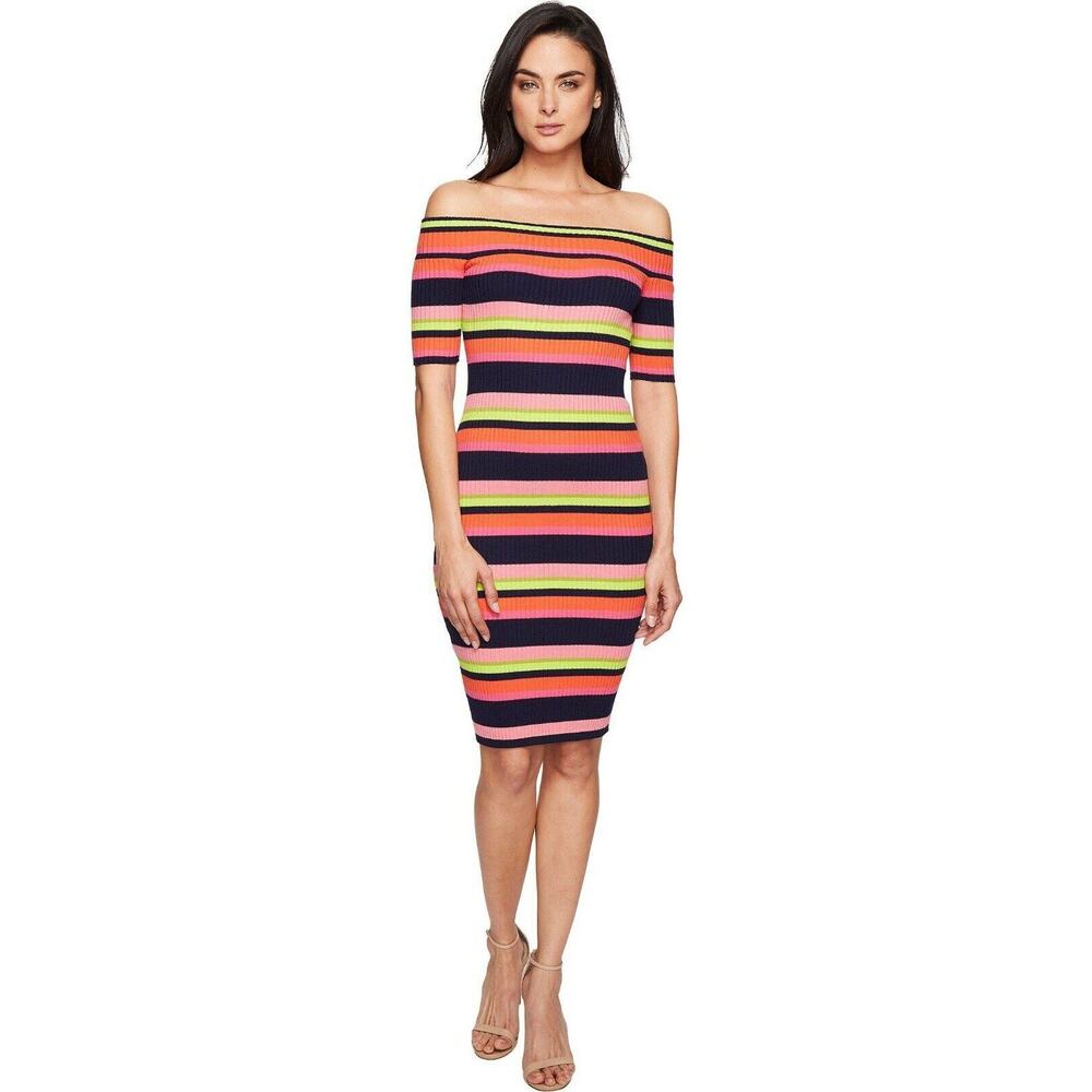 $178 Trina Turk Necha Stripe Off Shoulder Sweater Knit Sheath Dress Small NEW